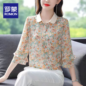 罗蒙（ROMON）碎花雪纺衫女2022年春夏季新款洋气Polo小衫百搭衬衫七分袖上衣潮黄花XL_建议111-120斤	
