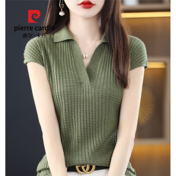 皮尔卡丹（pierrecardin）polo领短袖t恤女夏季宽松短款针织衫2023新款女士包袖翻领t恤衫叶绿色均码	
